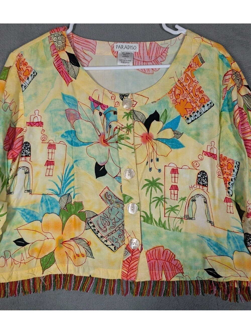 Paradiso Womens L Yellow Vintage 90s Rayon Beaded Fringe Tropical Floral Jackets